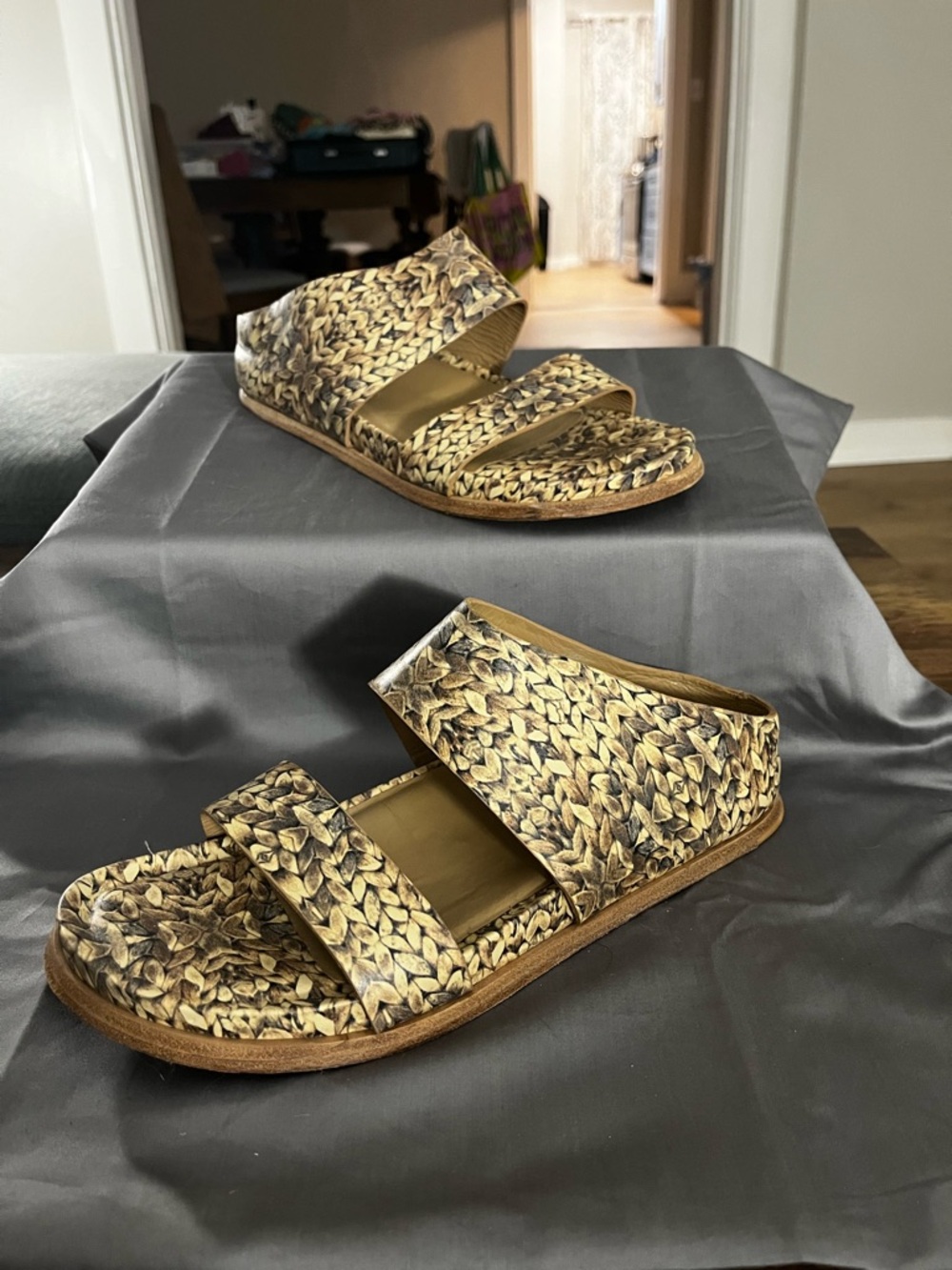 Free People Braided Leaf-Pattern Slide Sandals in Tan and Brown